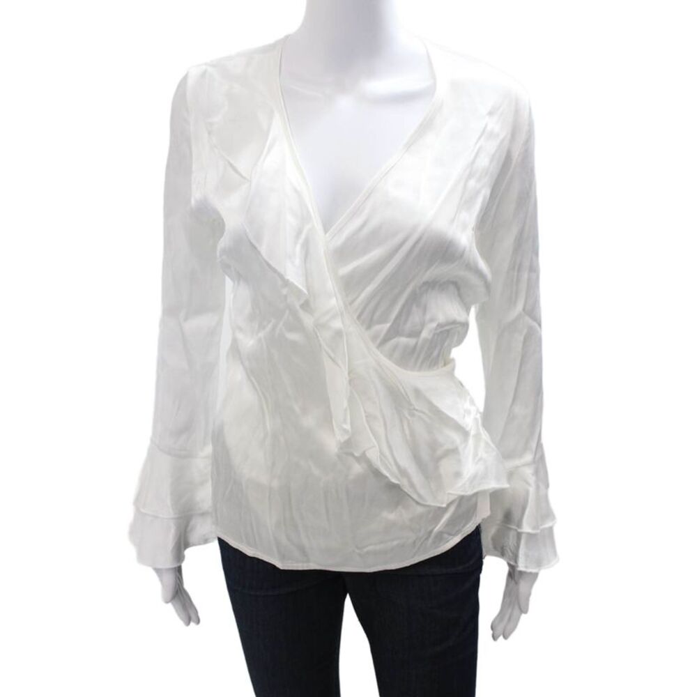 Karen Millen Women V-Neck Long Sleeve White Blouse Designer 100% Viscose Size 4